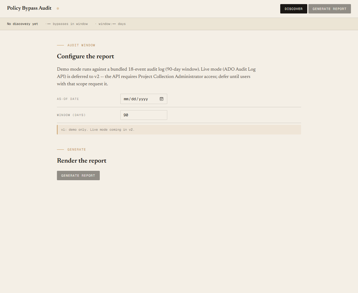 Policy Bypass Audit local UI with as-of date and window-days inputs, plus Discover and Generate buttons.