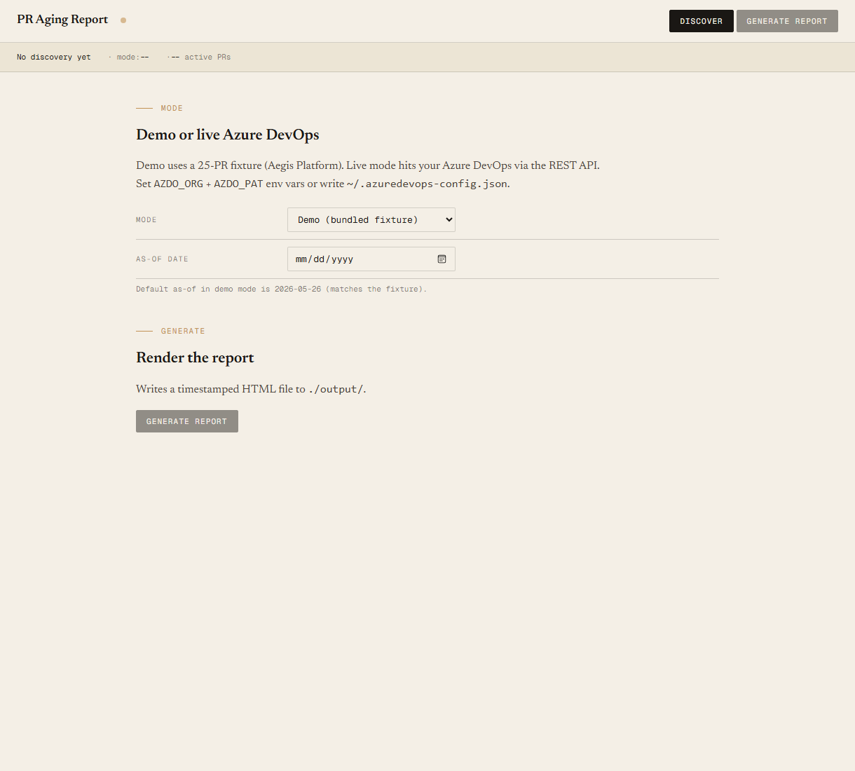 PR Aging Report local UI with mode toggle (Demo / Live), project name field, as-of date, and Generate button.