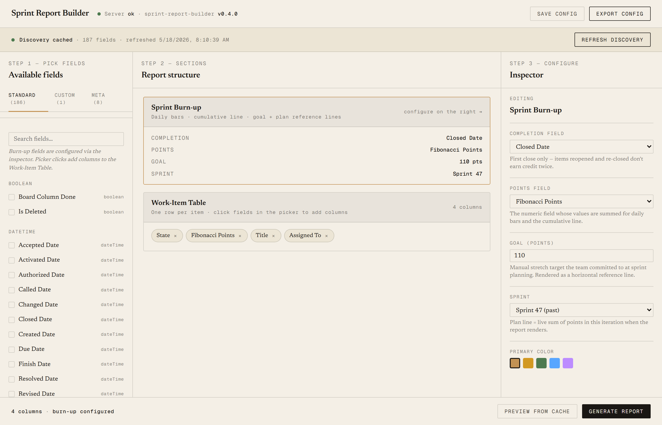 Sprint Report Builder configuration UI showing the field picker, report structure, and inspector panes