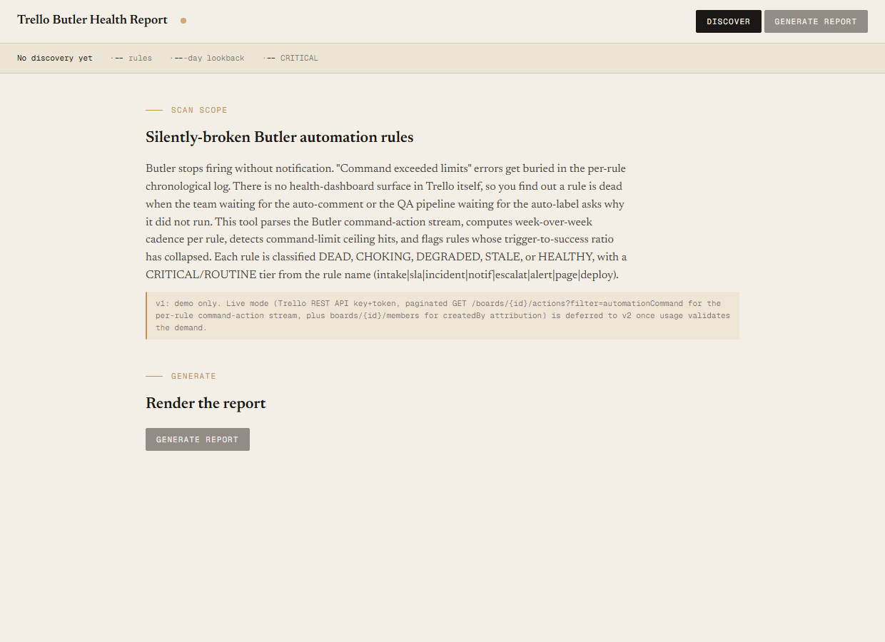 Trello Butler Health Report local UI showing health dot, discovery bar with Apex Defense — Radar Firmware Sprint board, 24 rules, 28-day lookback, 5 CRITICAL rules, Scan-scope section, and Discover plus Generate report buttons.