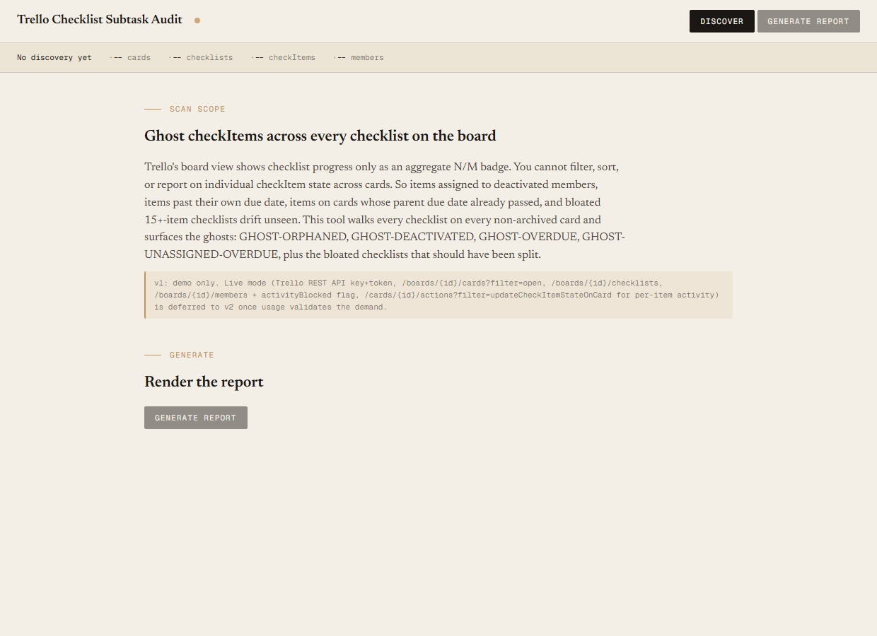 Trello Checklist Subtask Audit local UI showing health dot, discovery bar with Apex Defense — Radar Firmware Sprint board, 28 cards, 44 checklists, 233 checkItems, 16 members, Scan-scope section, and Discover plus Generate report buttons.